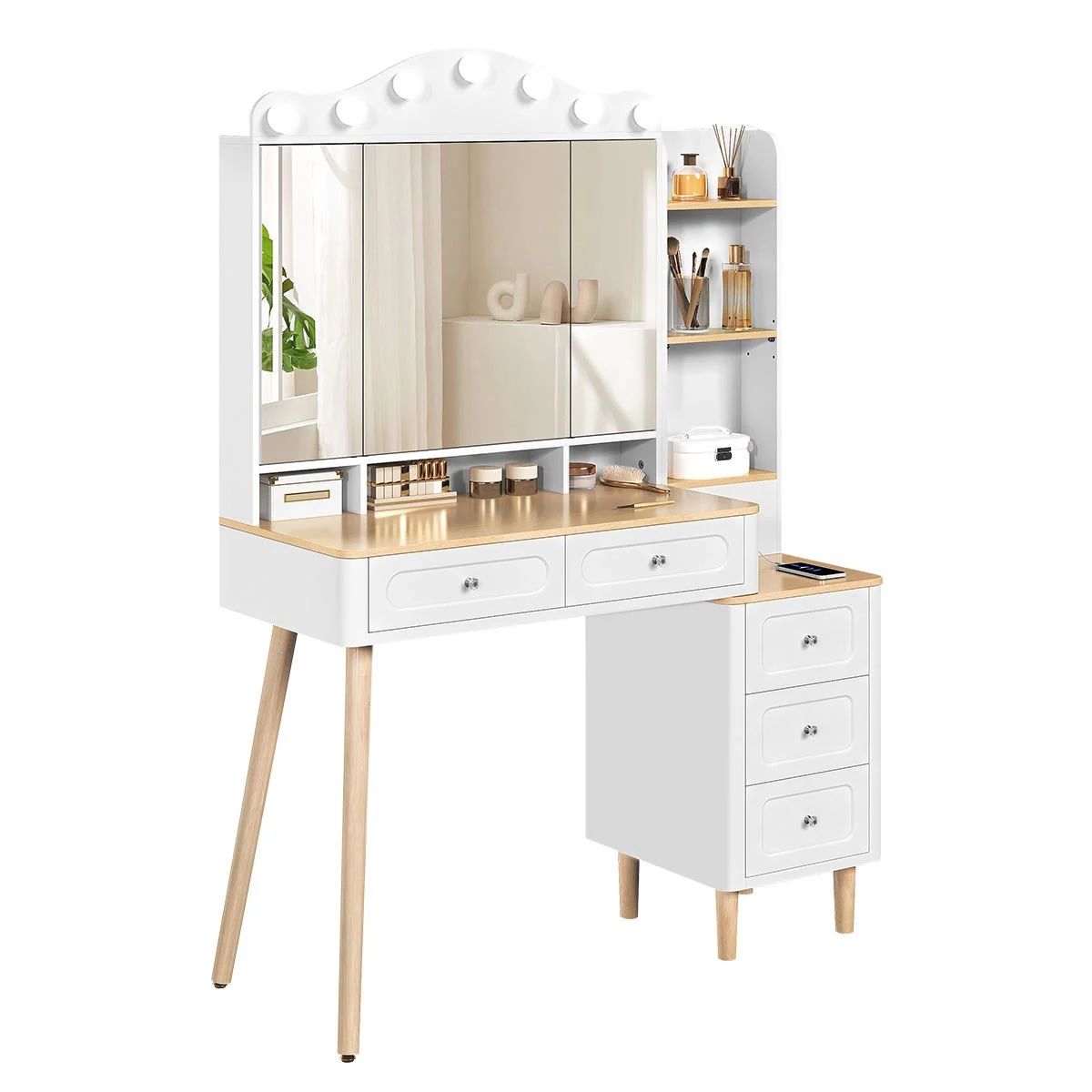 La coiffeuse : miroir 3 volets, ampoules LED, 5 tiroirs et meuble de côté