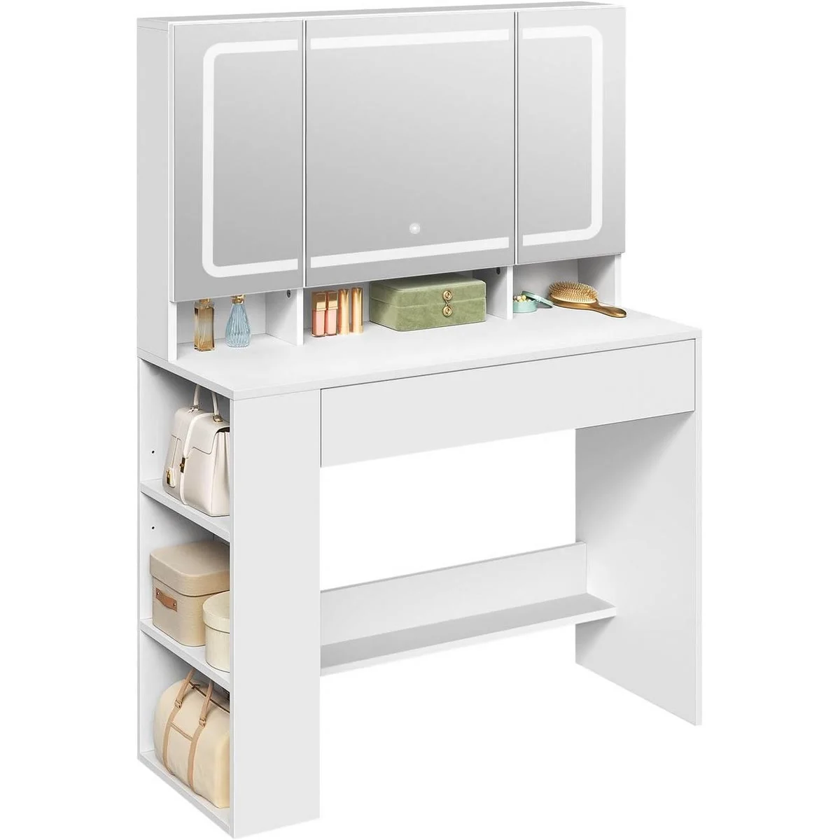 La coiffeuse : miroir 3 volets, 3 niches, grand tiroir et étagère de côté à 3 niveaux