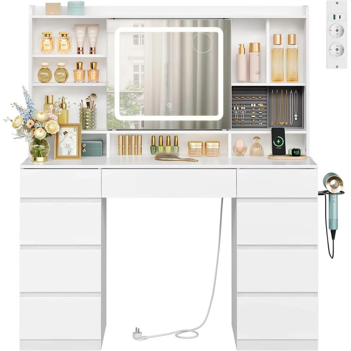 La coiffeuse : miroir LED coulissant, étagères, casier à bijoux, 9 tiroirs et multiprise