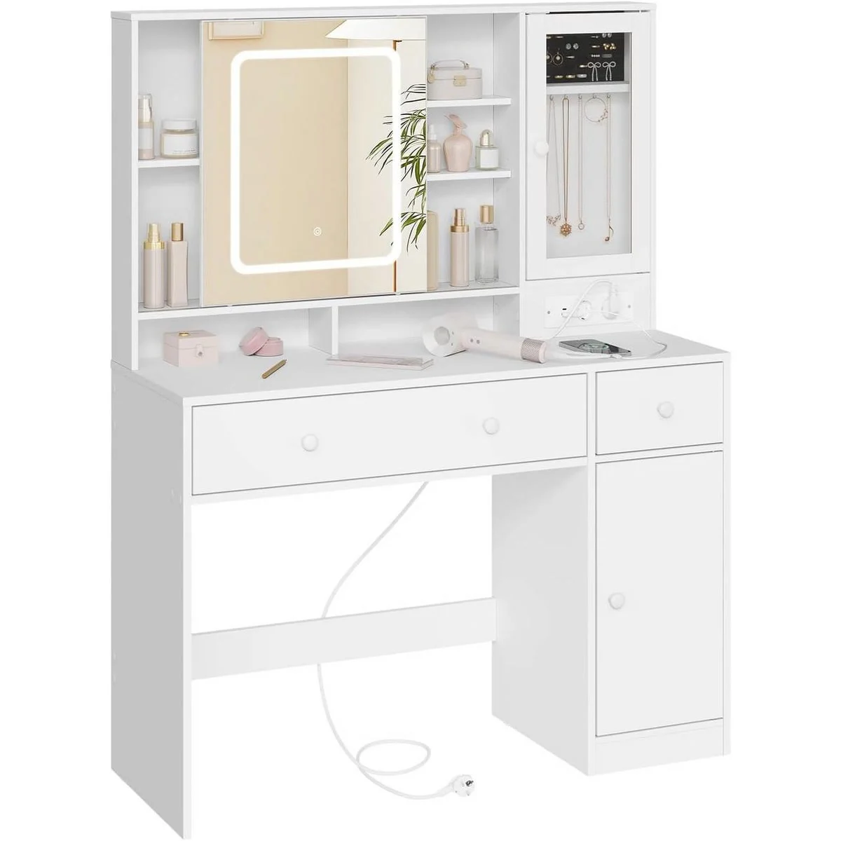 La coiffeuse : miroir LED coulissant, niches, boîte à bijoux, multiprise, 2 tiroirs et placard