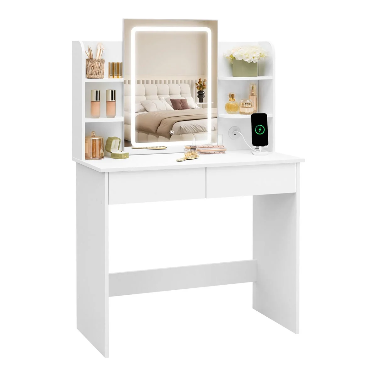 La coiffeuse : miroir LED de 45 × 60 cm, 6 niches et 2 tiroirs