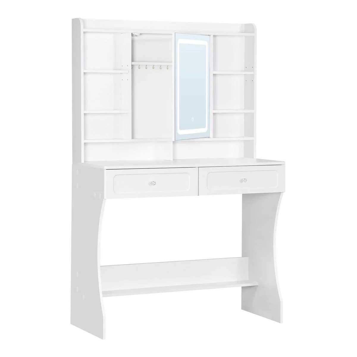 La coiffeuse de 90 cm : miroir LED, 8 niches, 2 tiroirs et étagère basse