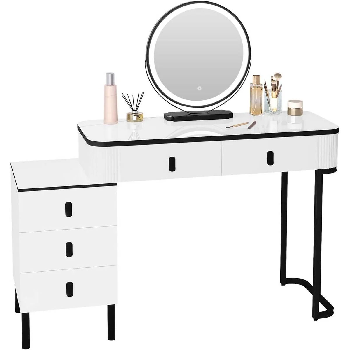 La coiffeuse de 100 cm, sa commode de 3 tiroirs et son miroir rond