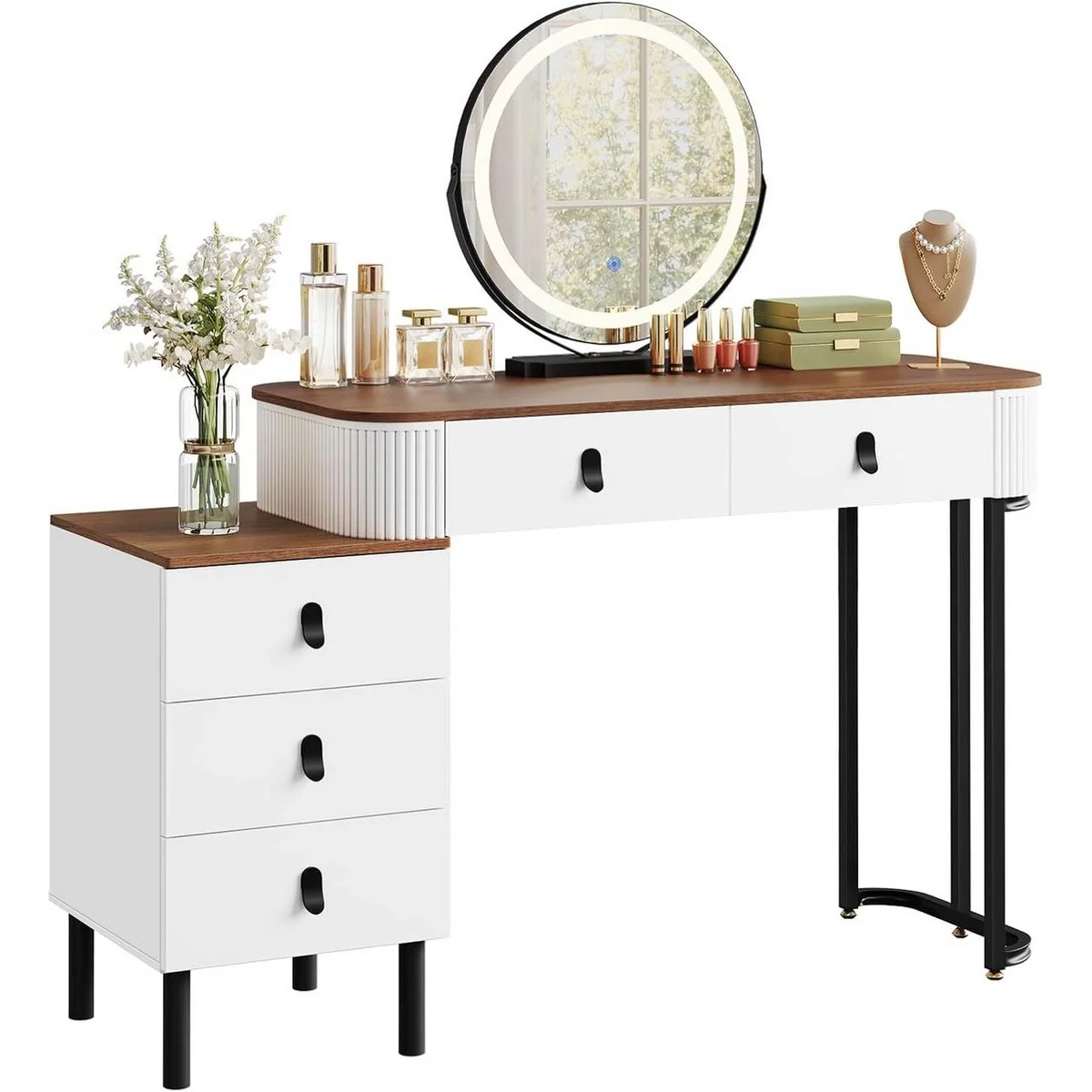 La coiffeuse de 100 cm, sa commode de 3 tiroirs et son miroir rond