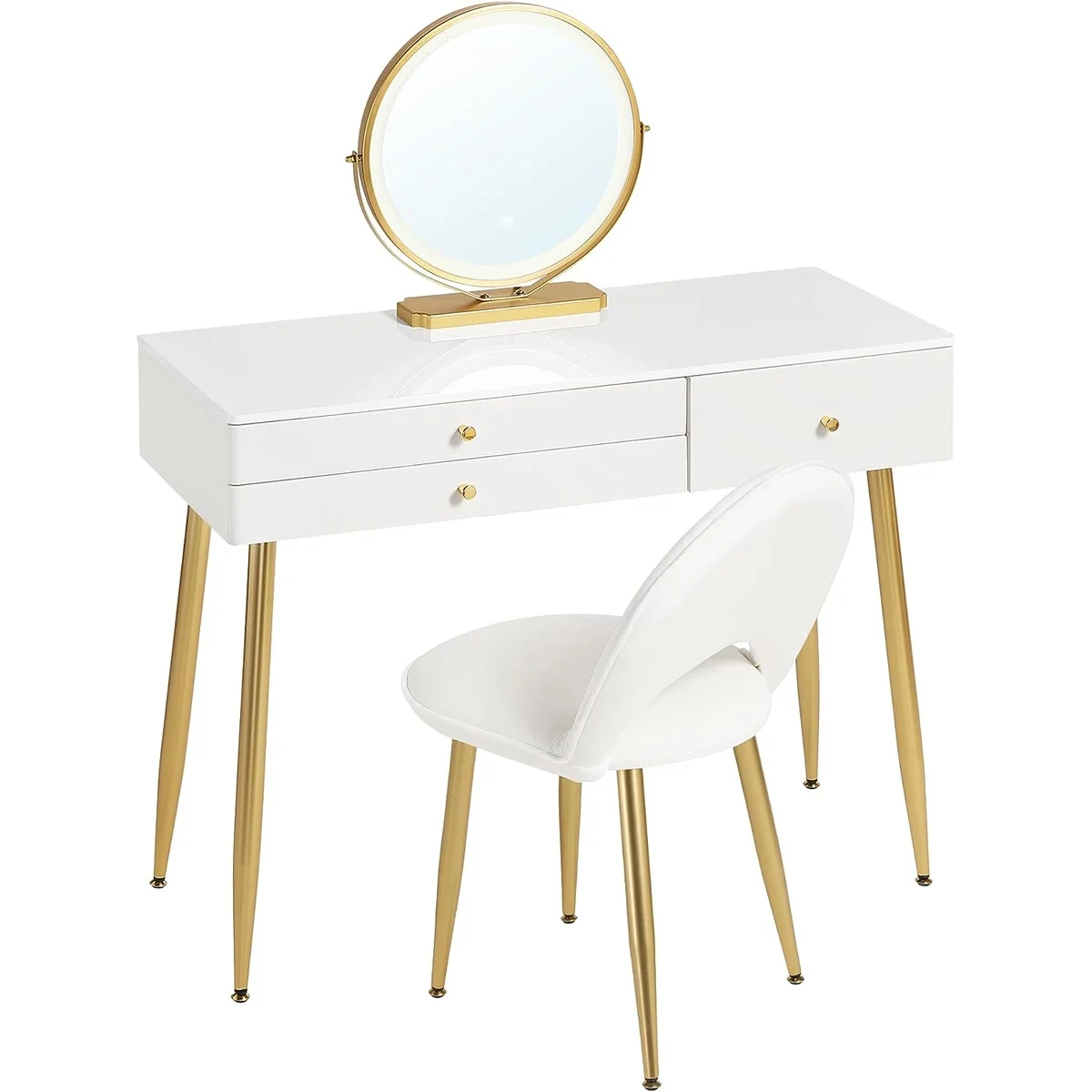 La coiffeuse de 100 cm, son miroir rond doré et sa chaise en velours