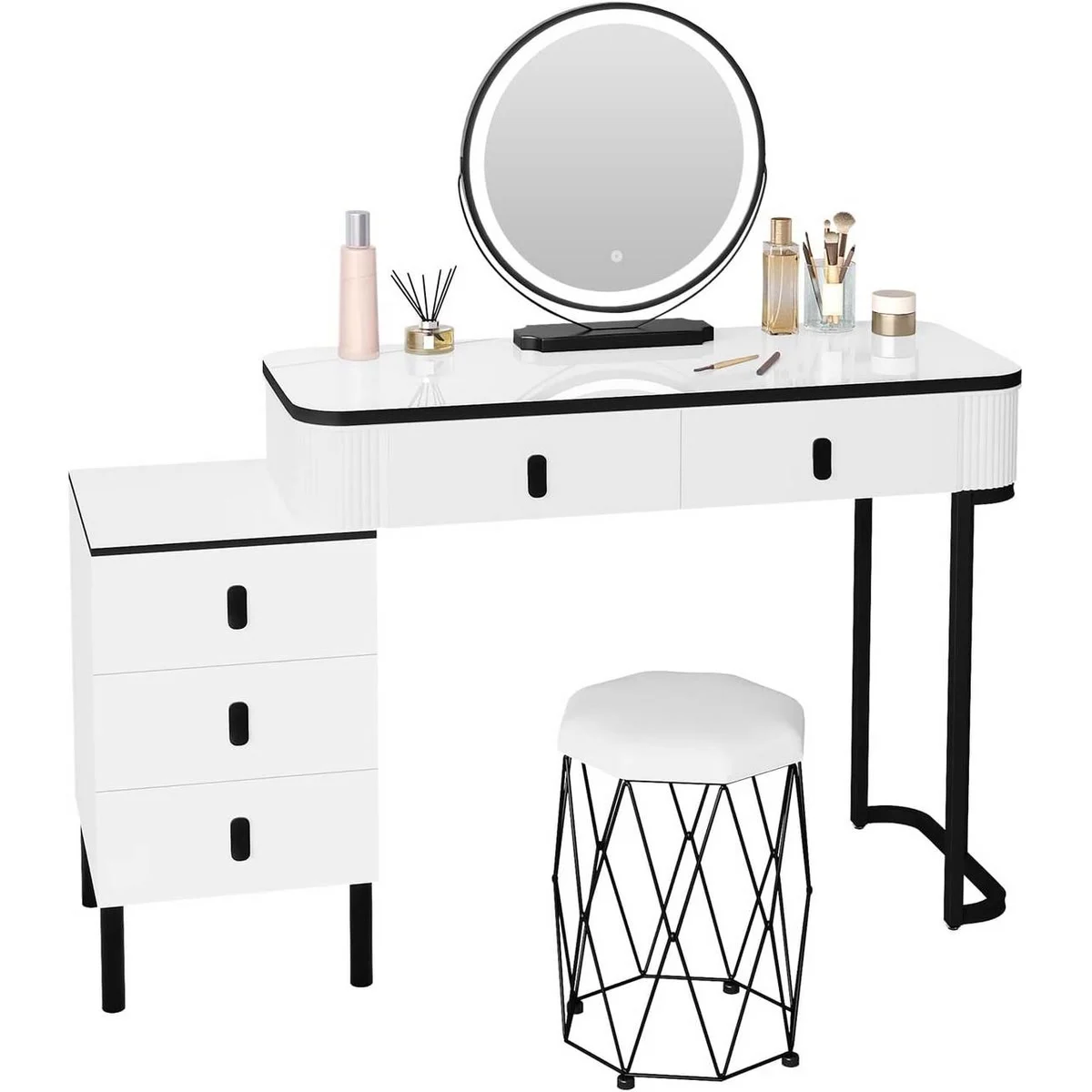 La coiffeuse de 100 cm, sa commode de 3 tiroirs, son miroir rond et son tabouret