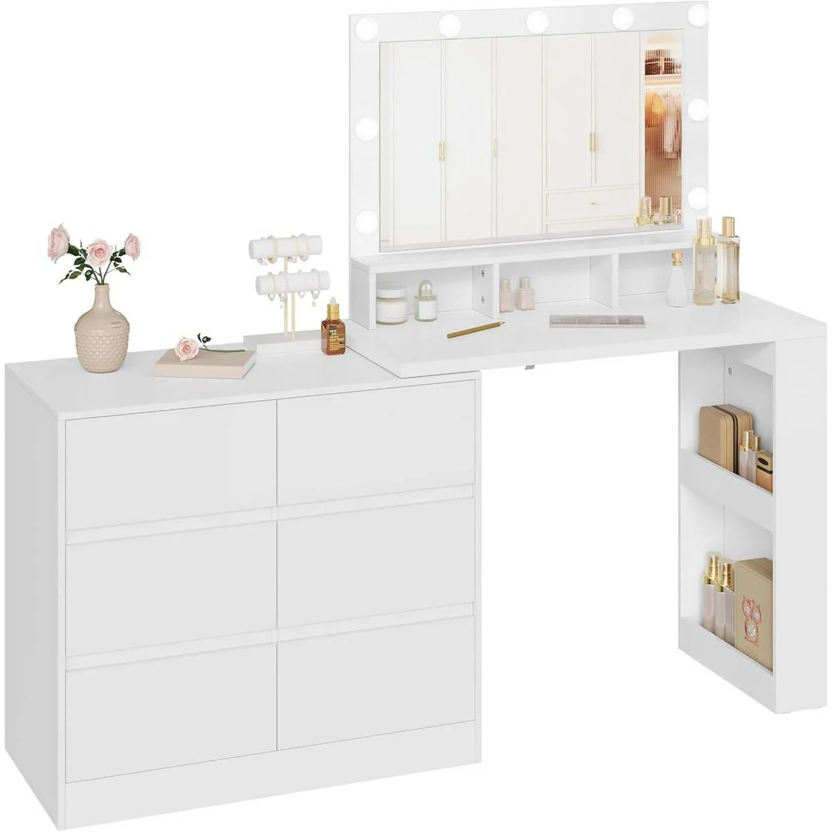 La coiffeuse : commode de 6 tiroirs, plateau de 90 cm, miroir à ampoules, niches et étagère de côté