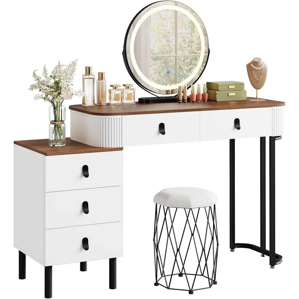 La coiffeuse de 100 cm, sa commode de 3 tiroirs, son miroir rond et son tabouret