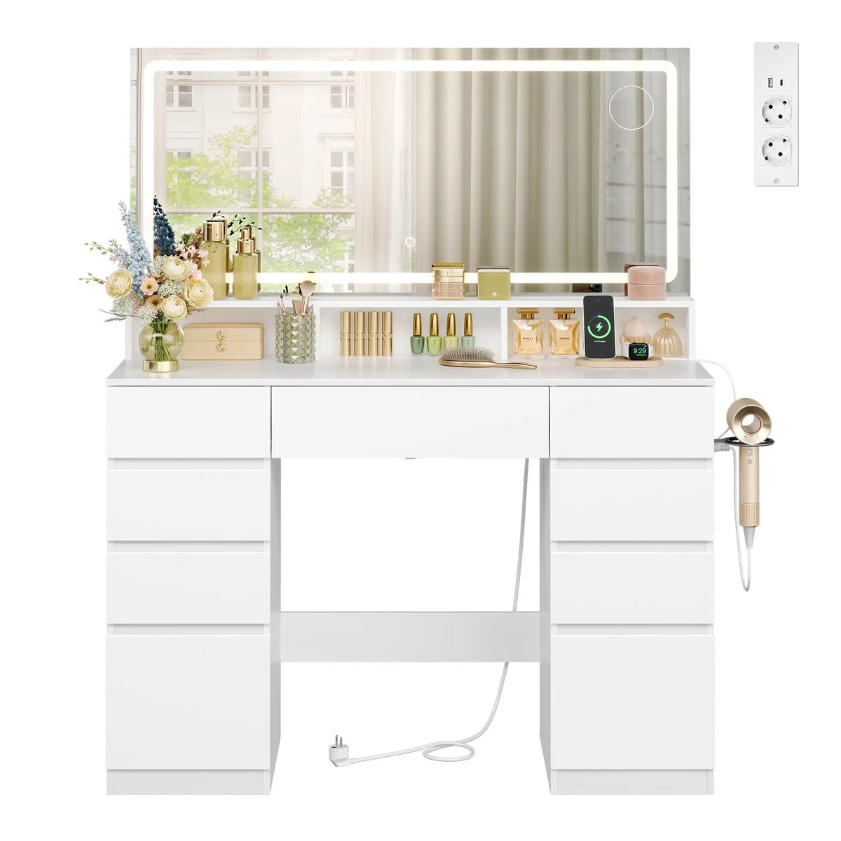 La coiffeuse : miroir LED de 110 cm, loupe ×5, 3 niches, 9 tiroirs et multiprise