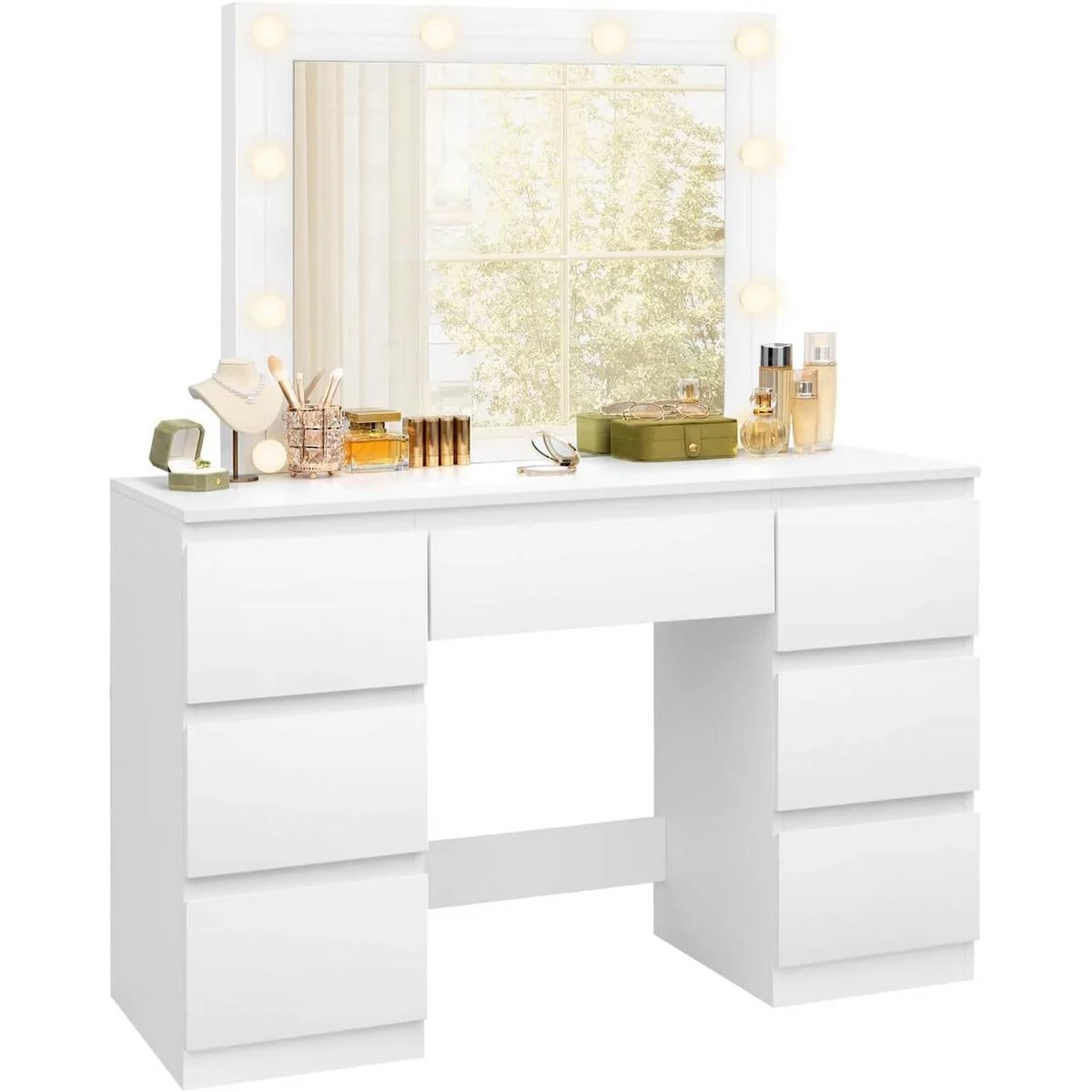 La coiffeuse : miroir à 10 ampoules et 7 tiroirs