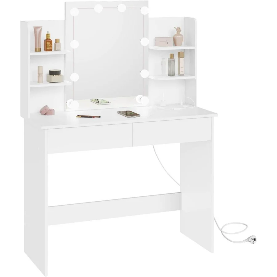 La coiffeuse : miroir à 10 ampoules, 4 étagères, 2 tiroirs et multiprise
