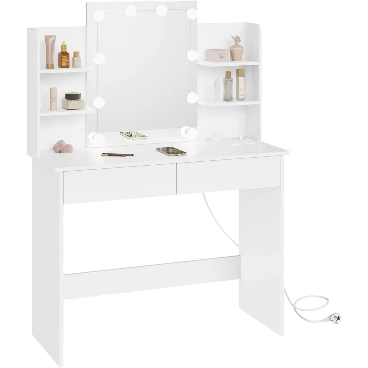 La coiffeuse : miroir à 10 ampoules, 4 étagères, 2 tiroirs et multiprise