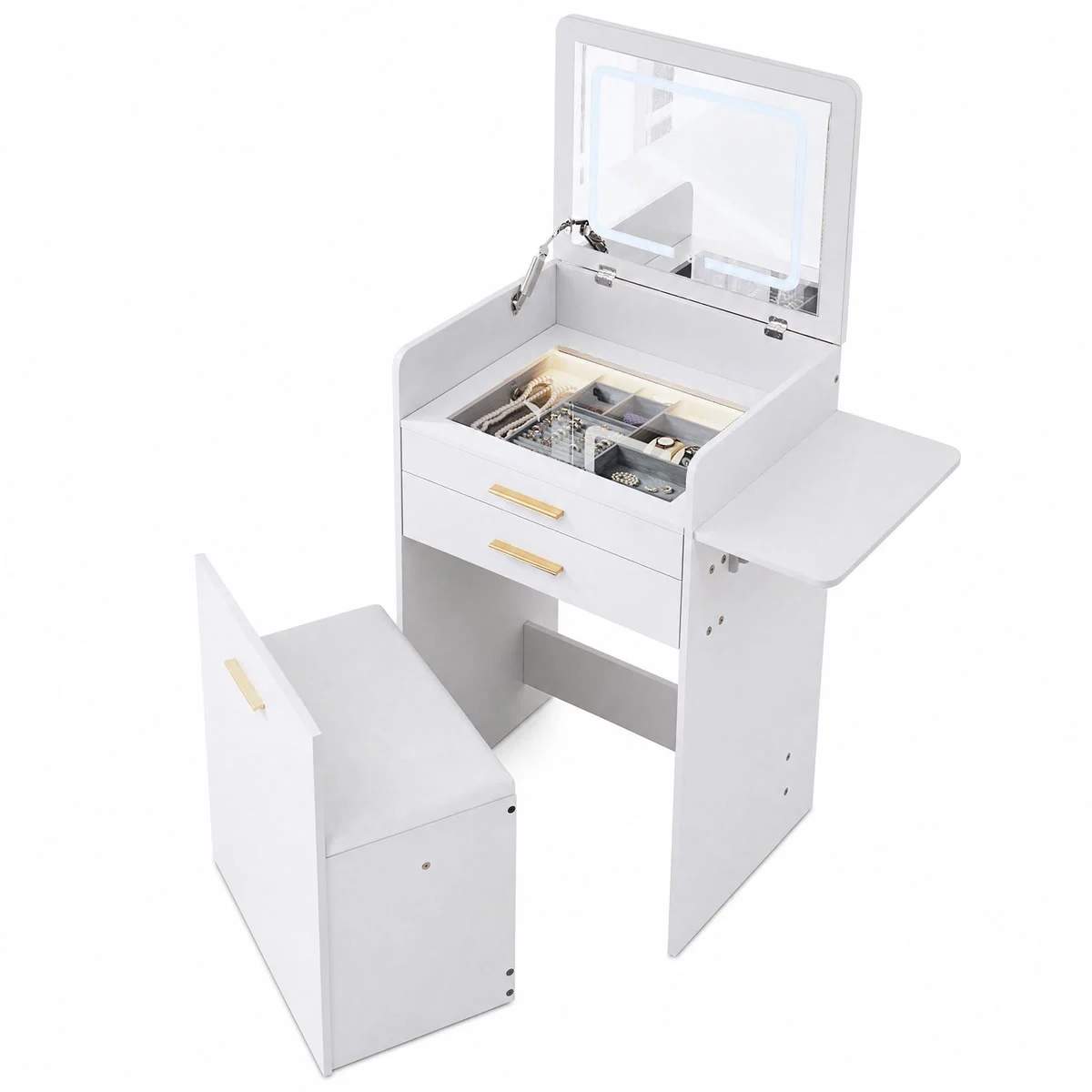 La coiffeuse compacte, son miroir LED rabattable, son étagère de côté dépliée et son tabouret