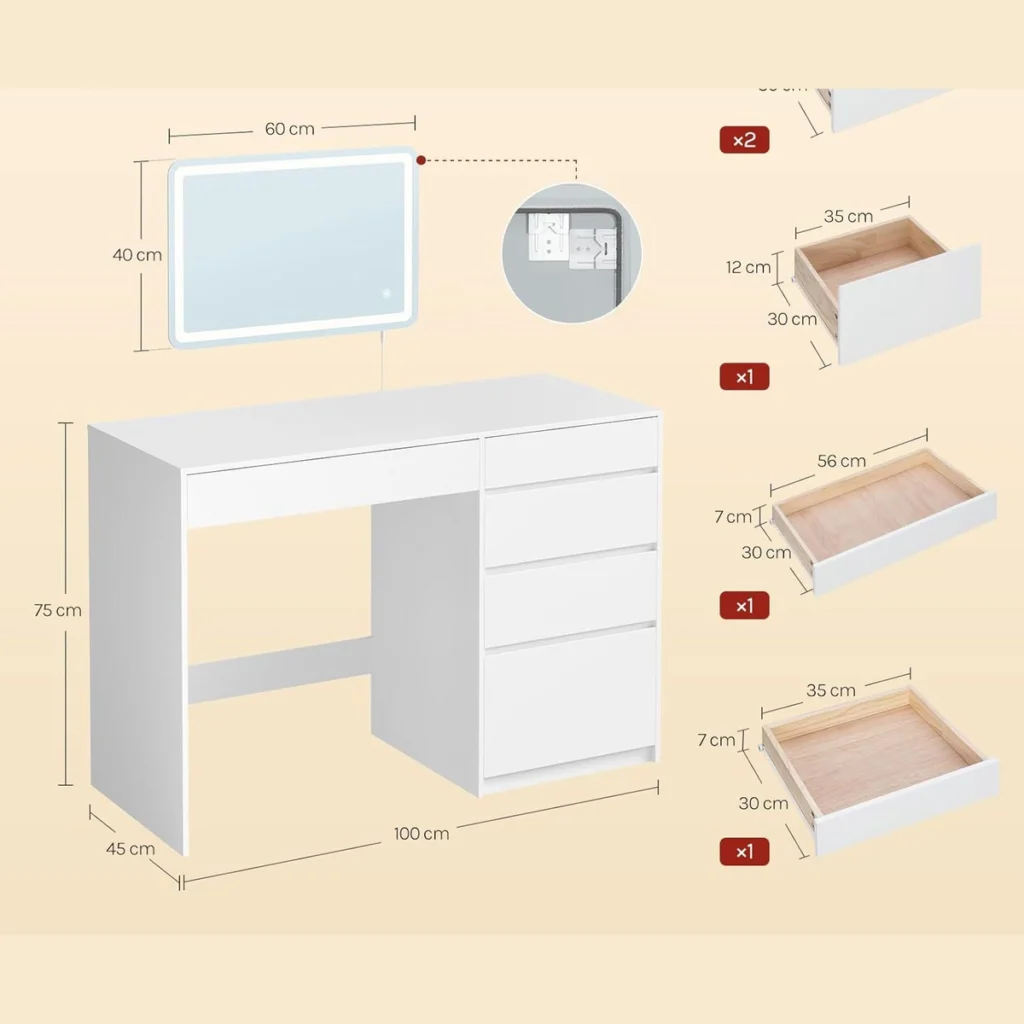 Dimensions : bureau de 100 × 45 × 75 cm, miroir de 60 × 40 cm, tiroirs de 35 et 56 cm