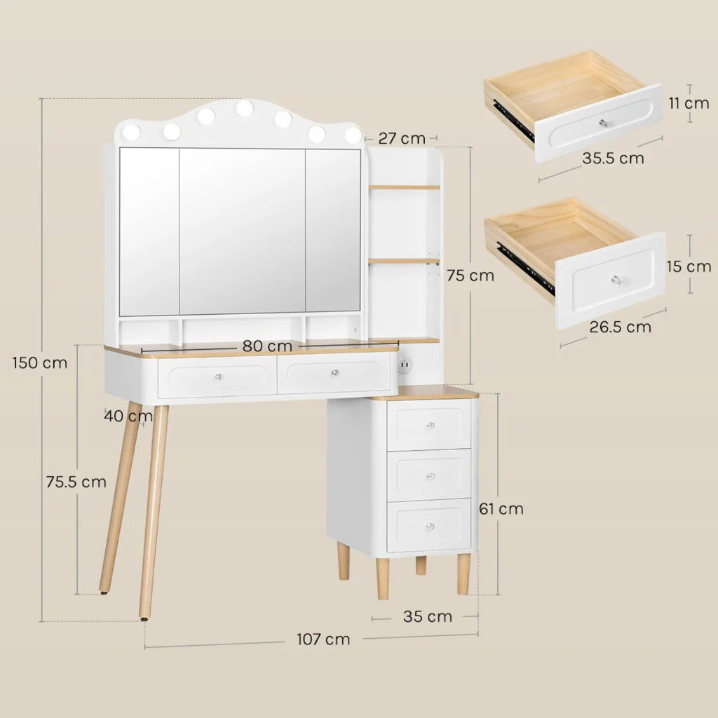 Dimensions : 107 × 40 cm, 150 cm de haut, plateau de 80 cm à 75,5 cm du sol
