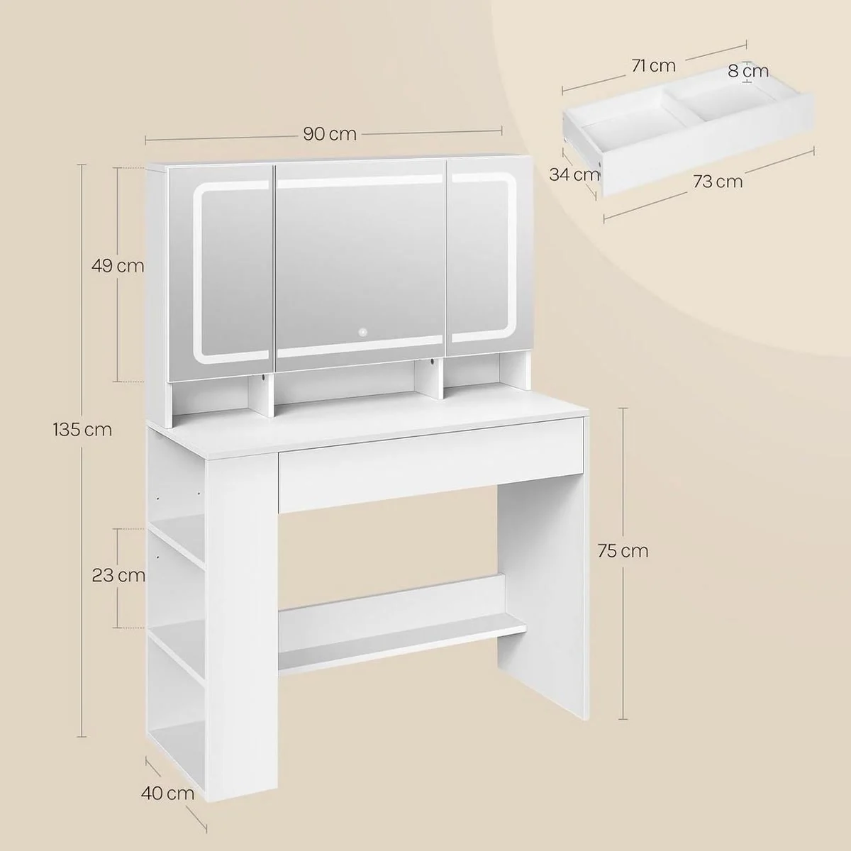 Dimensions : 90 × 40 cm, 135 cm de haut, plateau à 75 cm, miroir de 90 × 49 cm