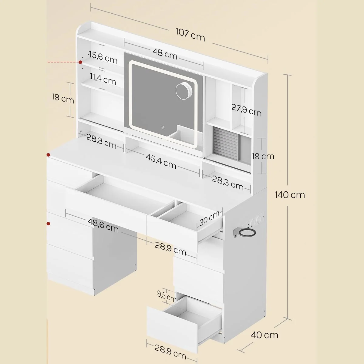 Dimensions : 107 × 40 cm, 140 cm de haut, miroir de 48 cm de large