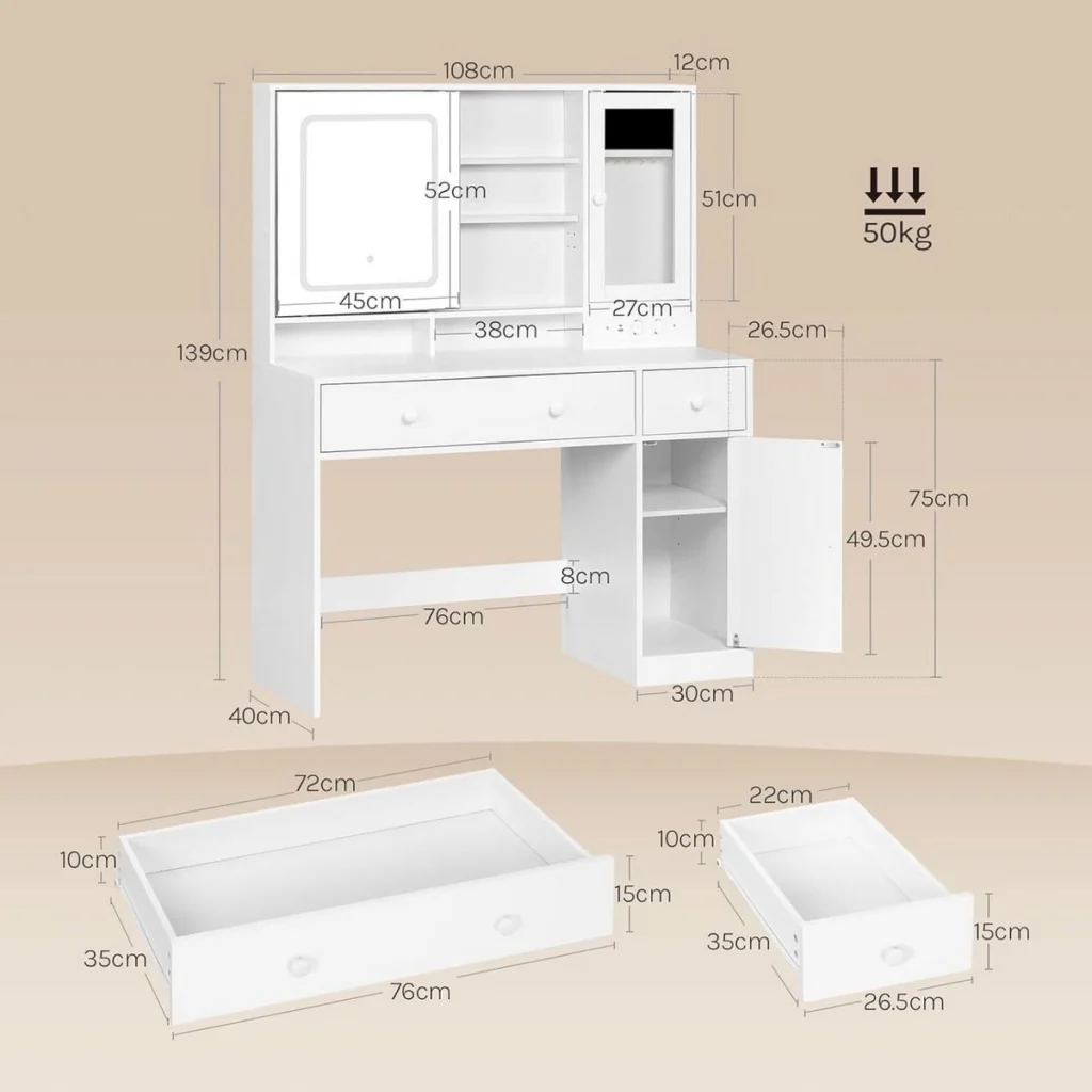 Dimensions : 108 × 40 cm, 139 cm de haut, plateau à 75 cm, miroir de 45 × 52 cm, tiroirs de 72 et 22 cm