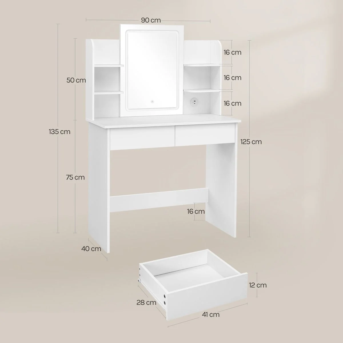 Dimensions : 90 × 40 cm, 135 cm de haut, plateau à 75 cm, tiroirs de 41 × 28 cm