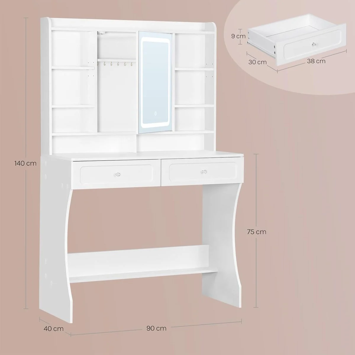 Dimensions : 90 × 40 cm, 140 cm de haut, plateau à 75 cm, tiroirs de 38 × 30 × 9 cm