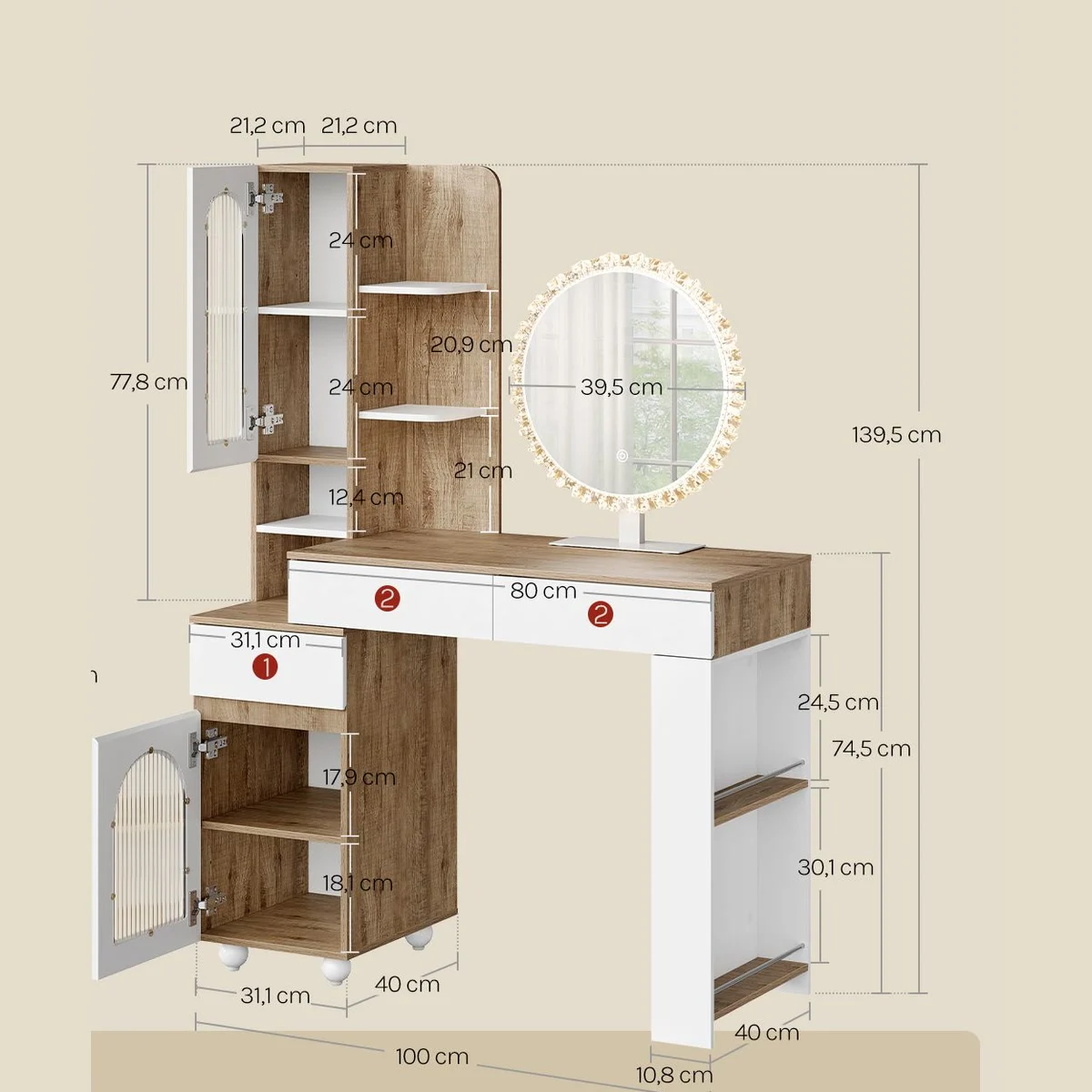 Dimensions : 100 × 40 cm, 139,5 cm de haut, plateau à 74,5 cm, miroir de 39,5 cm