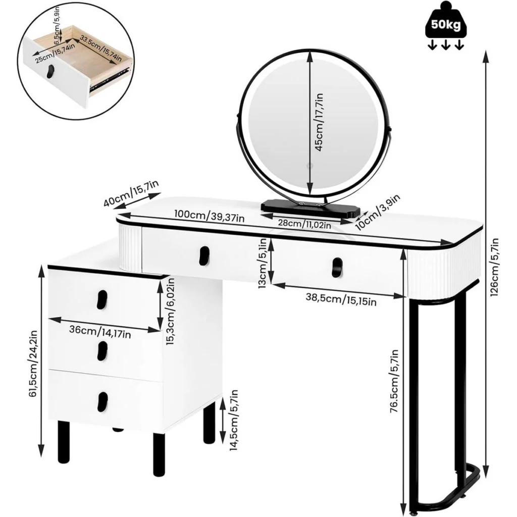 Dimensions : plateau de 100 × 40 cm, 126 cm de haut, miroir de 45 cm, commode de 36 cm