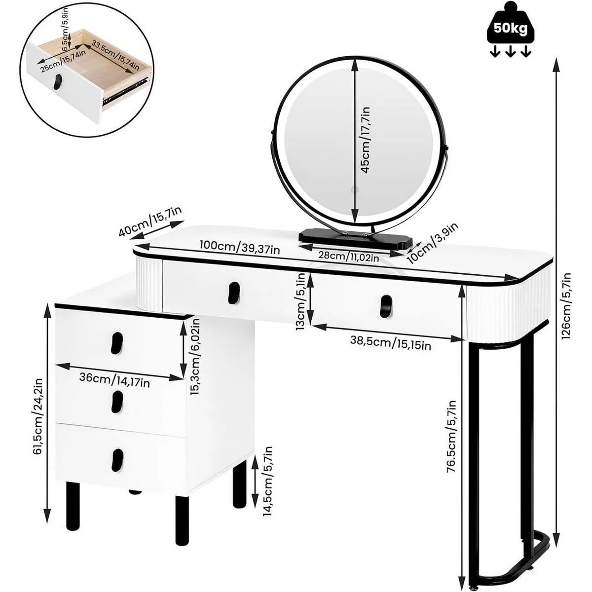 Dimensions : plateau de 100 × 40 cm, 126 cm de haut, miroir de 45 cm, commode de 36 cm