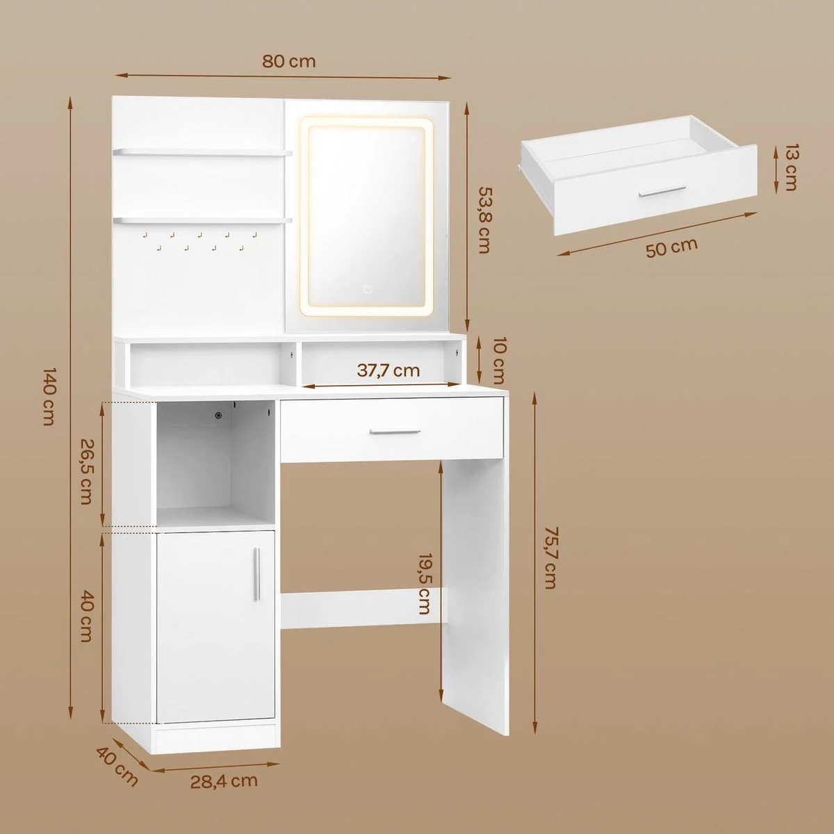 Dimensions : 80 × 40 × 140 cm, plateau à 75,7 cm, tiroir de 50 cm