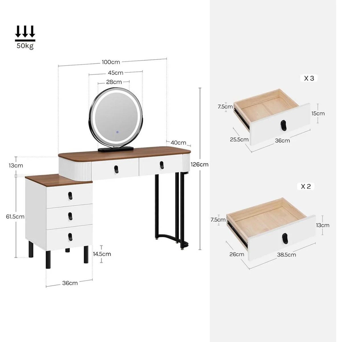 Dimensions : plateau de 100 × 40 cm, 126 cm de haut, miroir de 45 cm, commode de 36 cm, 5 tiroirs