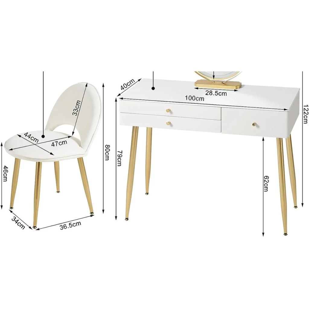 Dimensions : coiffeuse de 100 × 40 cm, plateau à 79 cm ; chaise de 80 cm, assise à 46 cm