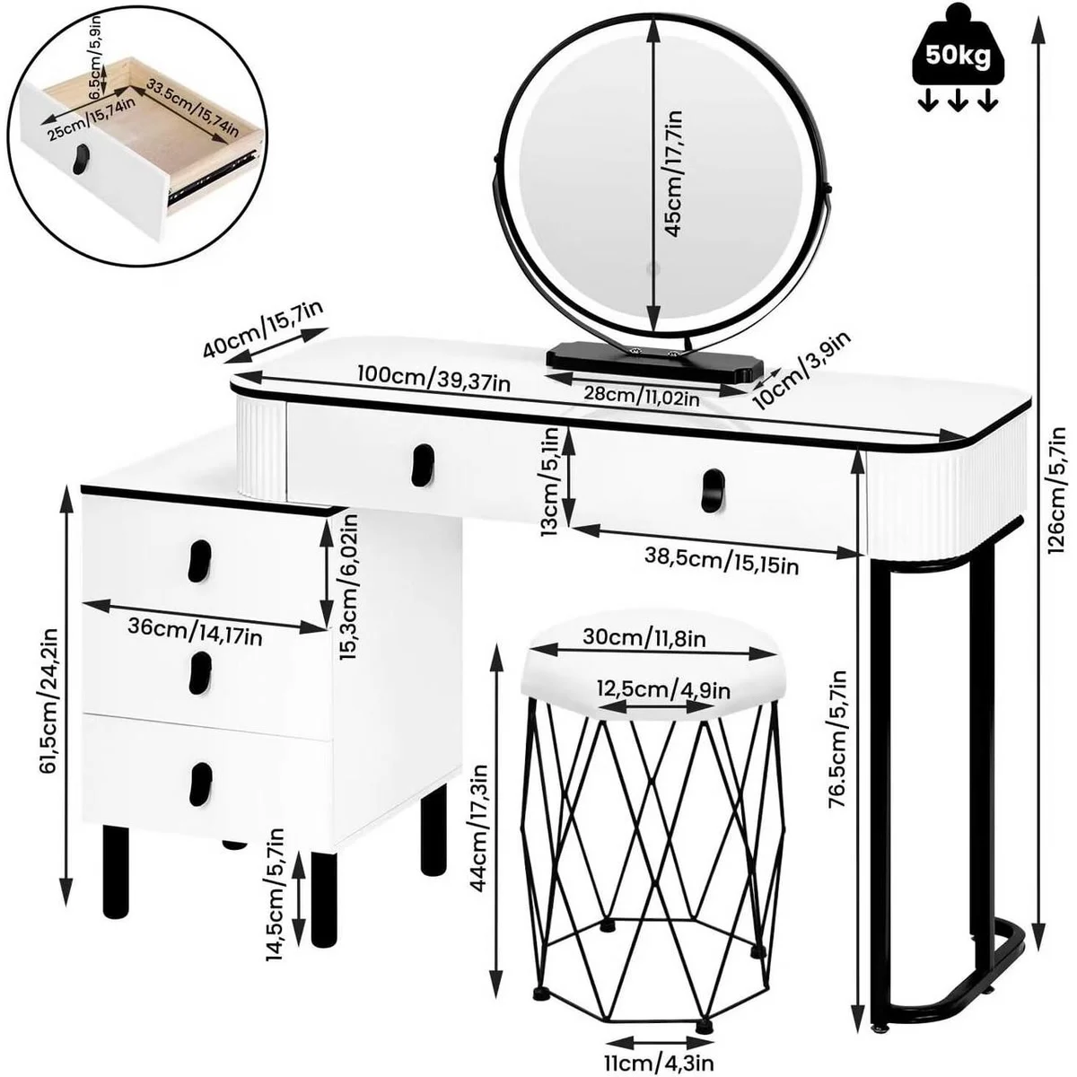 Dimensions : plateau de 100 × 40 cm, 126 cm de haut, miroir de 45 cm, tabouret de 44 cm