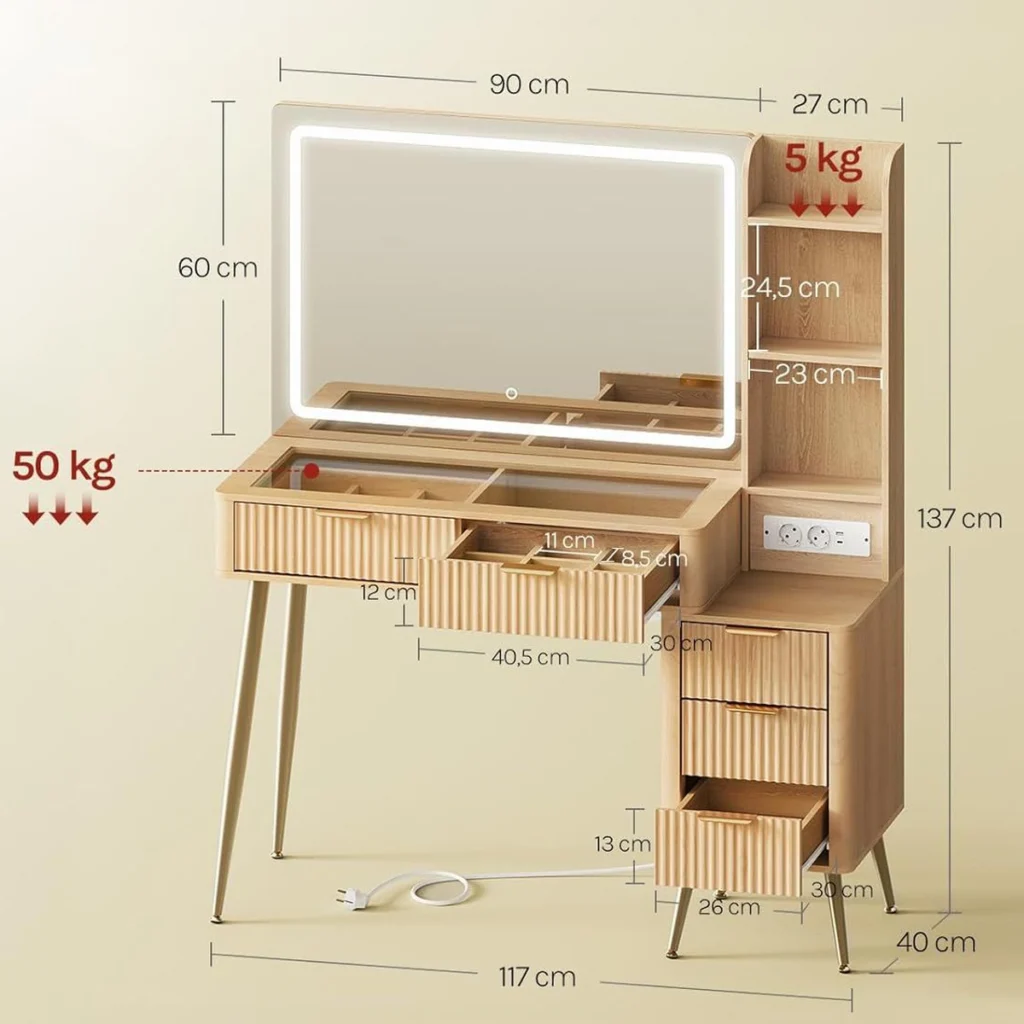 Dimensions : 117 × 40 × 137 cm, miroir de 90 × 60 cm, tiroirs de 40,5 et 26 cm