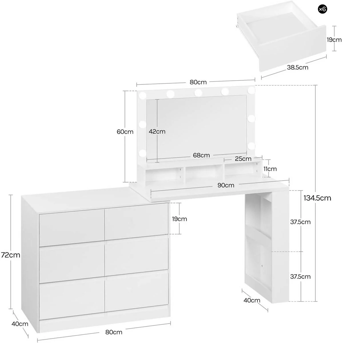 Dimensions : plateau de 90 cm, 134,5 cm de haut, commode de 80 × 40 × 72 cm, miroir de 68 × 42 cm