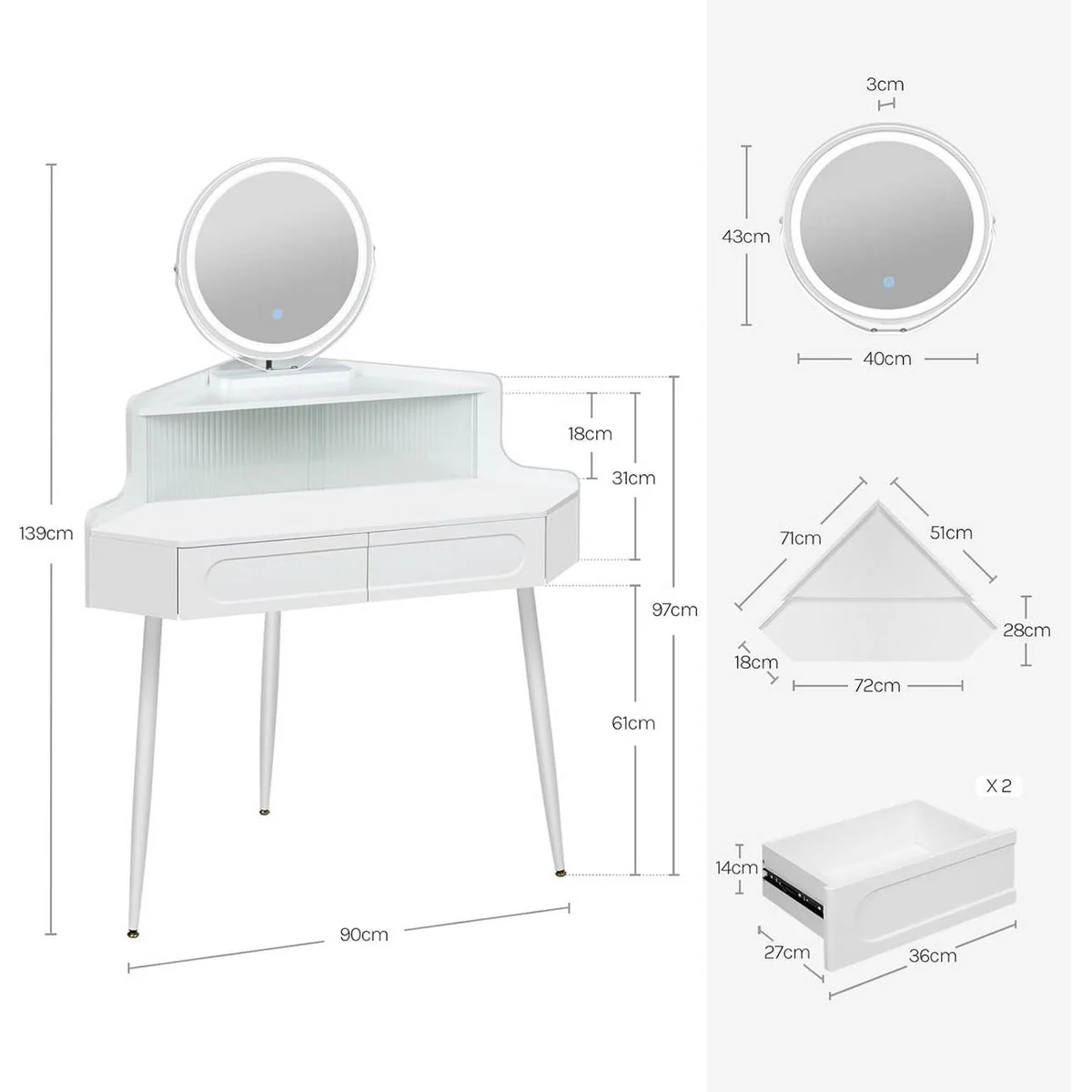 Dimensions : 139 cm de haut, miroir de 40 cm, tiroirs de 36 cm, compartiment vitré de 72 cm