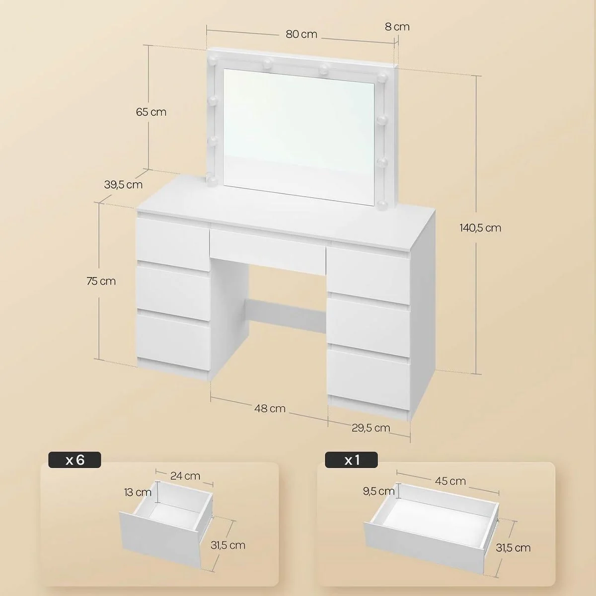 Dimensions : 107 × 39,5 × 140,5 cm, plateau à 75 cm, 6 tiroirs de 24 cm et 1 de 45 cm
