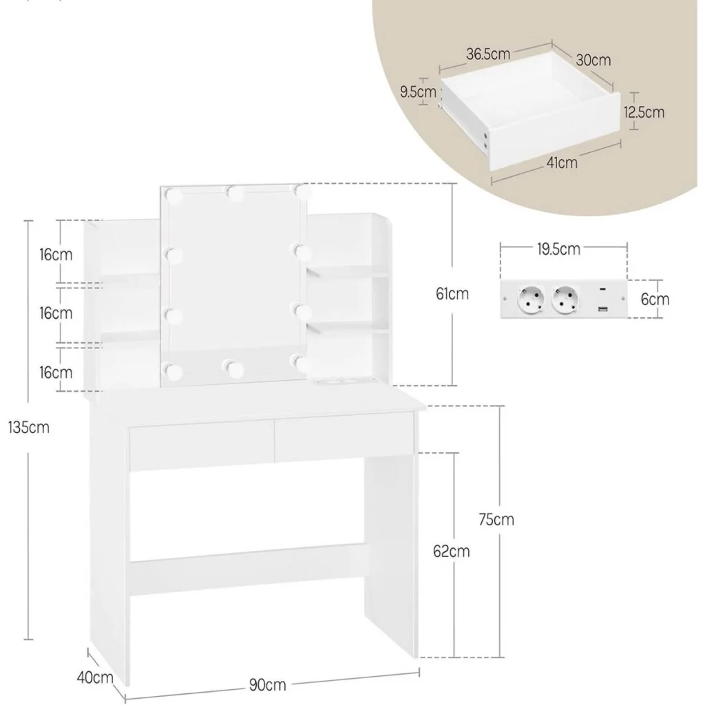 Dimensions : 90 × 40 cm, 135 cm de haut, plateau à 75 cm, tiroirs de 41 cm, multiprise de 19,5 cm