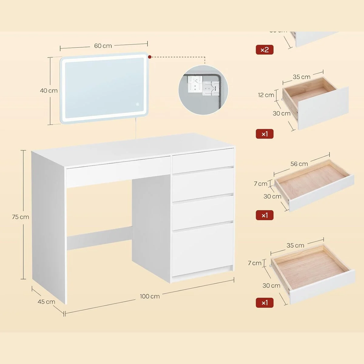 Dimensions : bureau de 100 × 45 × 75 cm, miroir de 60 × 40 cm, tiroirs de 35 et 56 cm