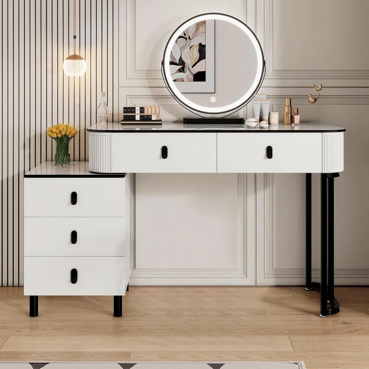 Coiffeuse blanc et noir de 100 cm, miroir rond allumé et commode de 3 tiroirs