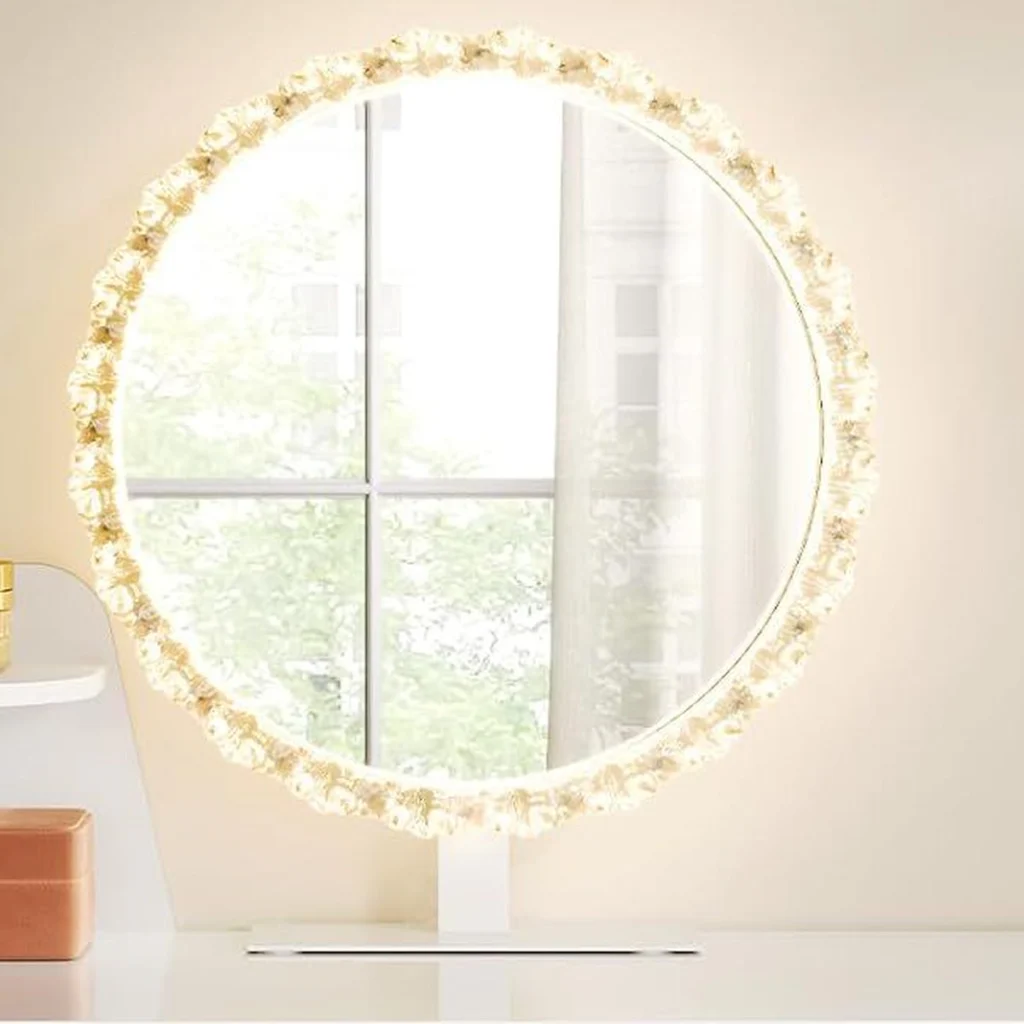 Le miroir rond de 45 cm et son cadre effet cristal allumé