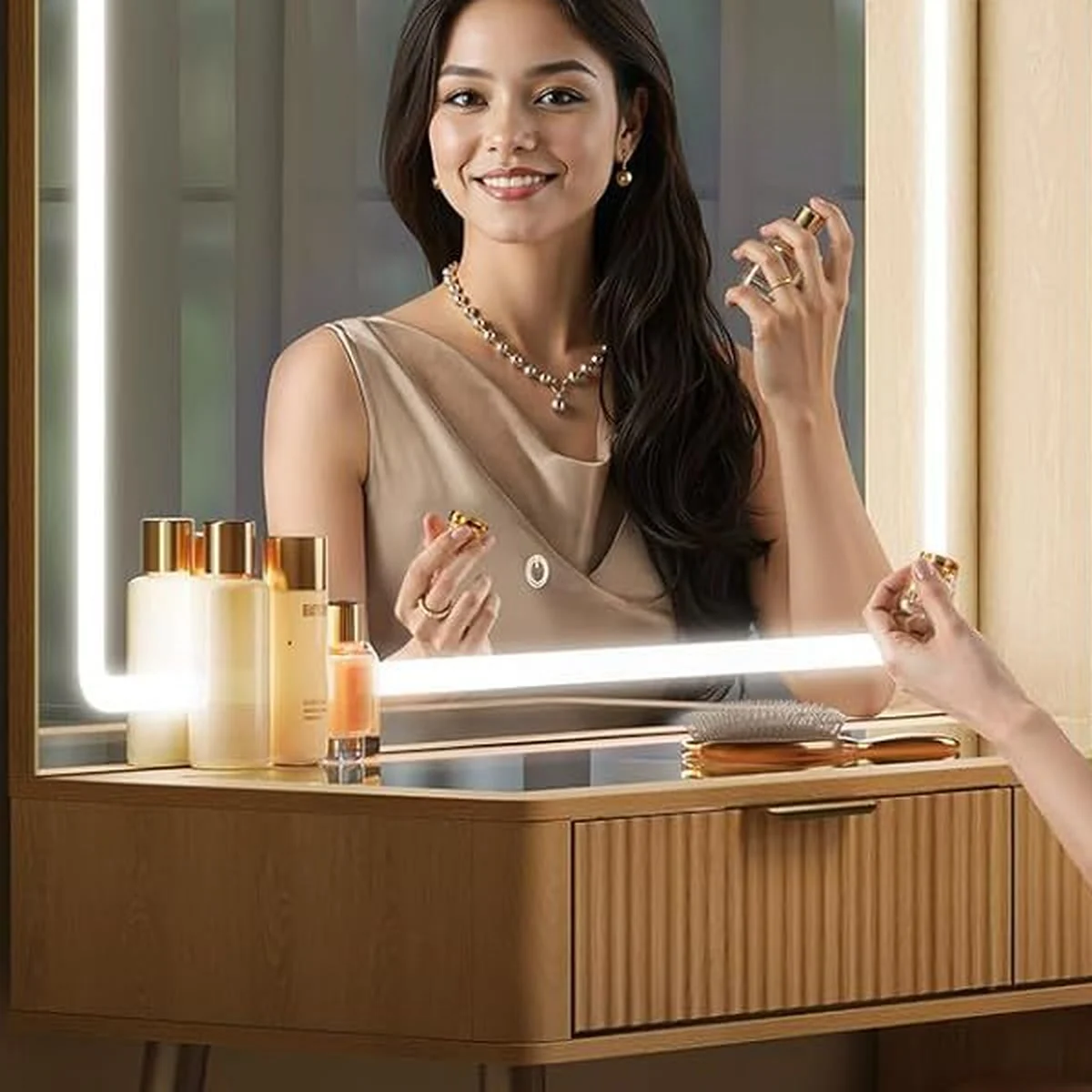 Le grand miroir LED allumé, une femme s’y maquille