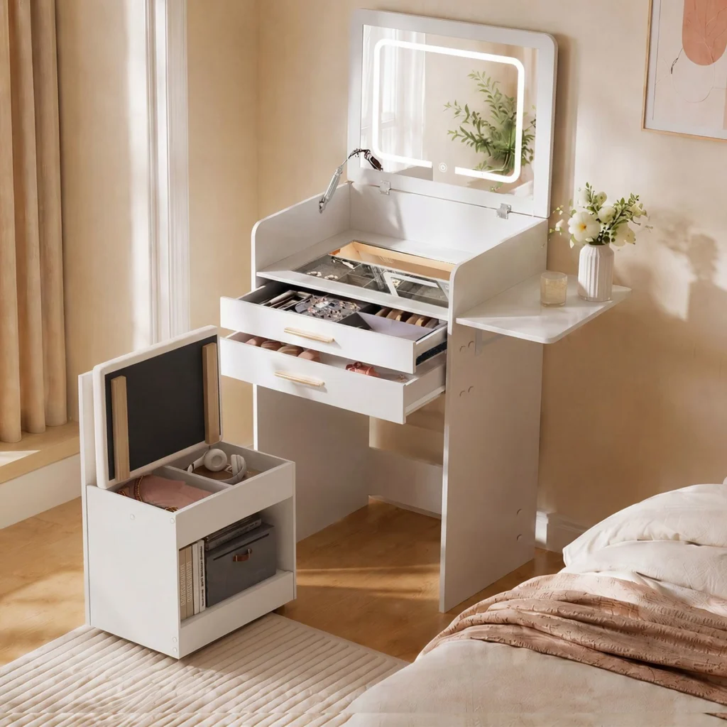 Le tabouret ouvert sur son rangement, les 2 tiroirs de la coiffeuse ouverts