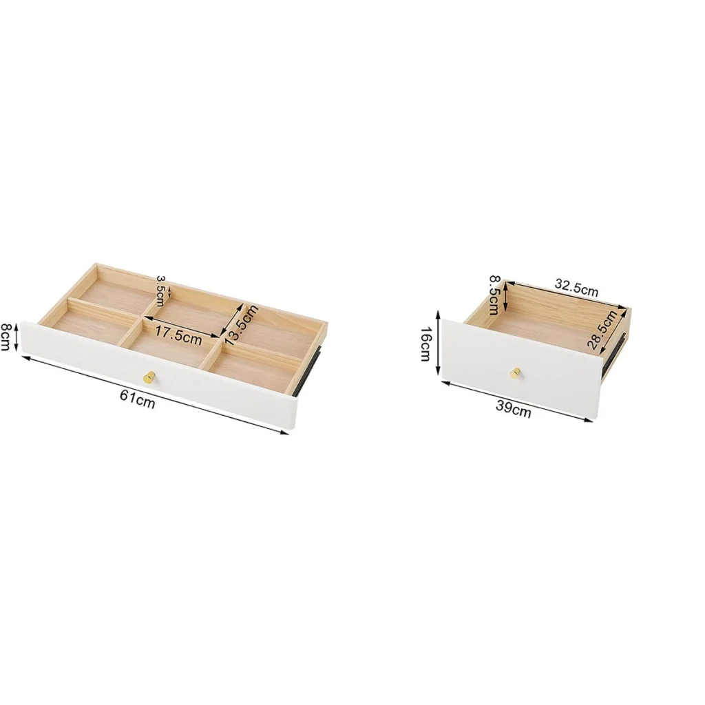 Les tiroirs : 61 cm de large, 6 casiers ; 39 cm de large, 16 cm de haut