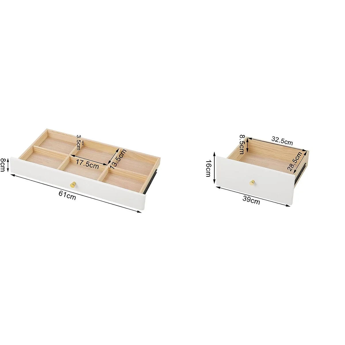 Les tiroirs : 61 cm de large, 6 casiers ; 39 cm de large, 16 cm de haut